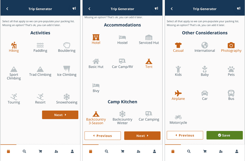 Trip generator allows you to create and customize your packing list for adventure.