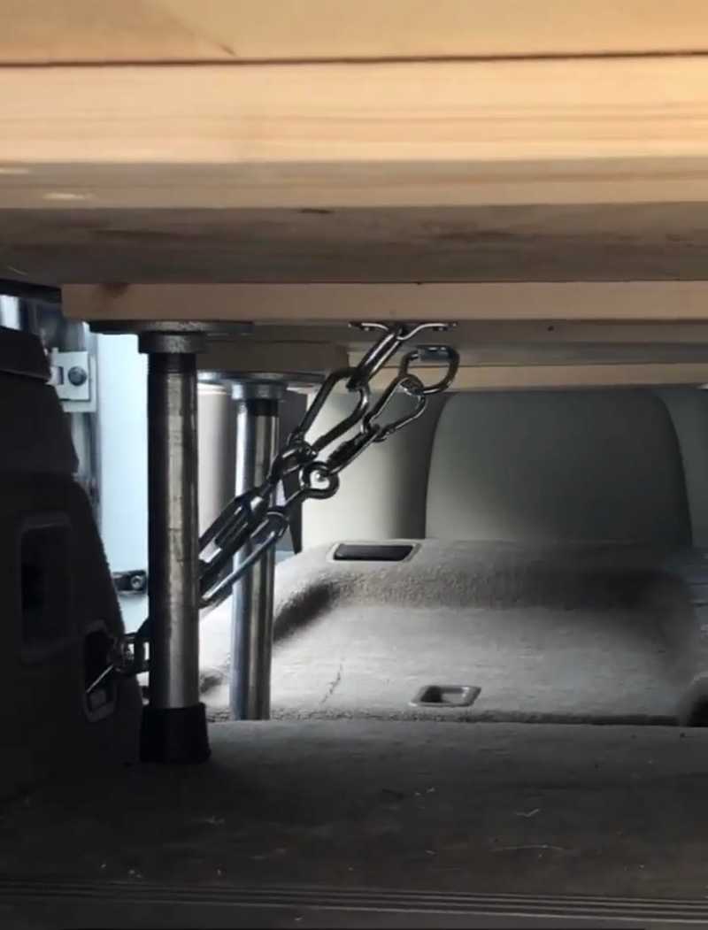 Legs supporting the platform, and turnbuckles engaged