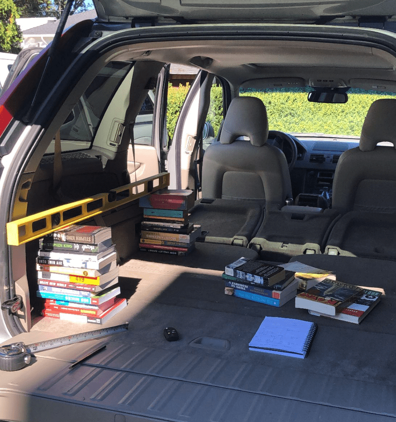 Using the long level and stacks of books, begin prototyping your platform sizes and estimated leg lengths. Make sure to give yourself enough clearance for your rear wheel wells.